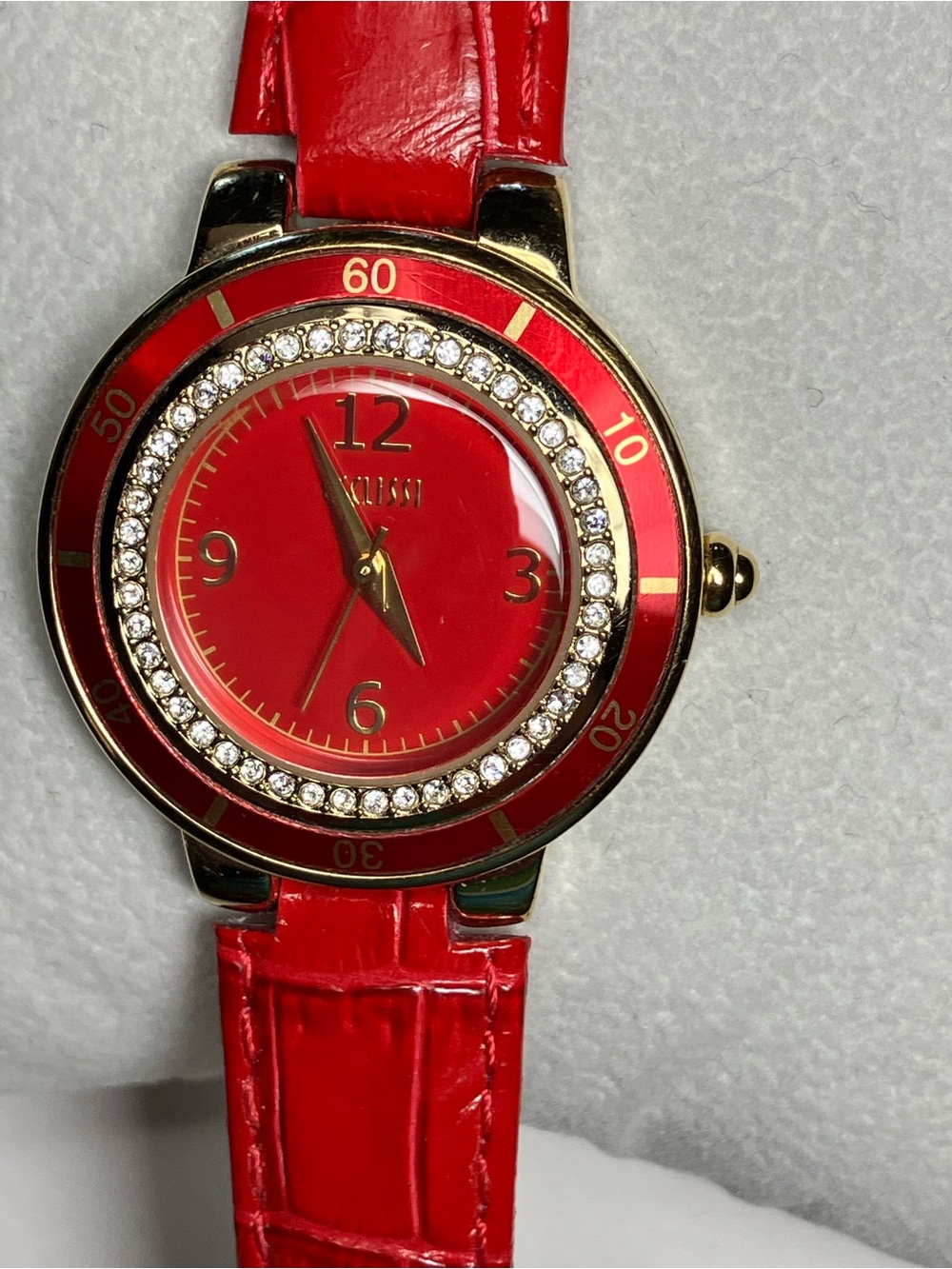 Ecclissi Goldtone Crystal Bezel Watch Red